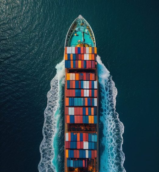 Aerial view from drone, Container ship or cargo shipping business logistic import and export freight transportation by container ship in the open sea, freight ship boat. Generative AI