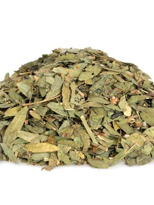 Constipation and laxative herb mixture used in alternative herbal medicine with senna leaf, fennel, elder and lime flowers on white background.